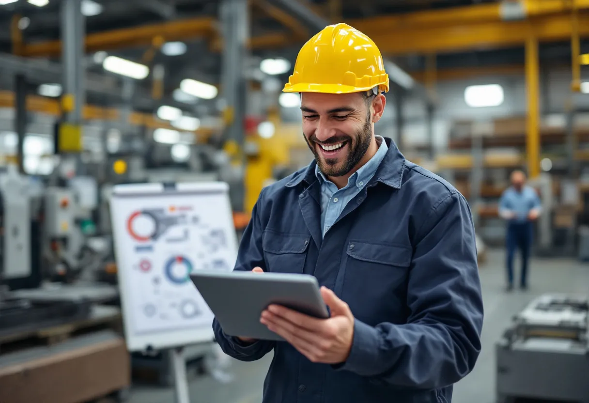 Een lachende technisch bediende in een moderne werkplaats bekijkt een technisch schema op een tablet, met op de achtergrond machines en een collega.