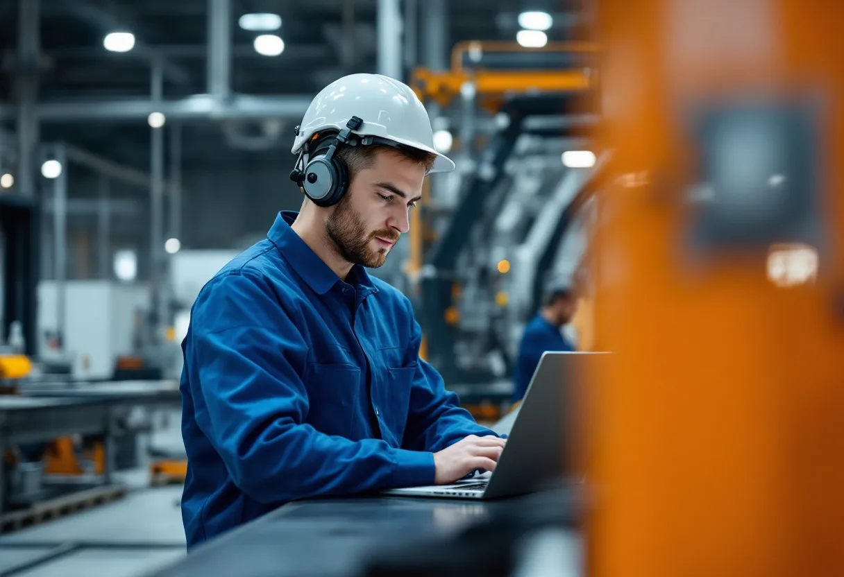 Een technisch bediende in een blauwe overall bekijkt een lijst met vacatures op een laptop, terwijl hij aan een werkbank staat in een moderne Vlaamse fabriekshal.