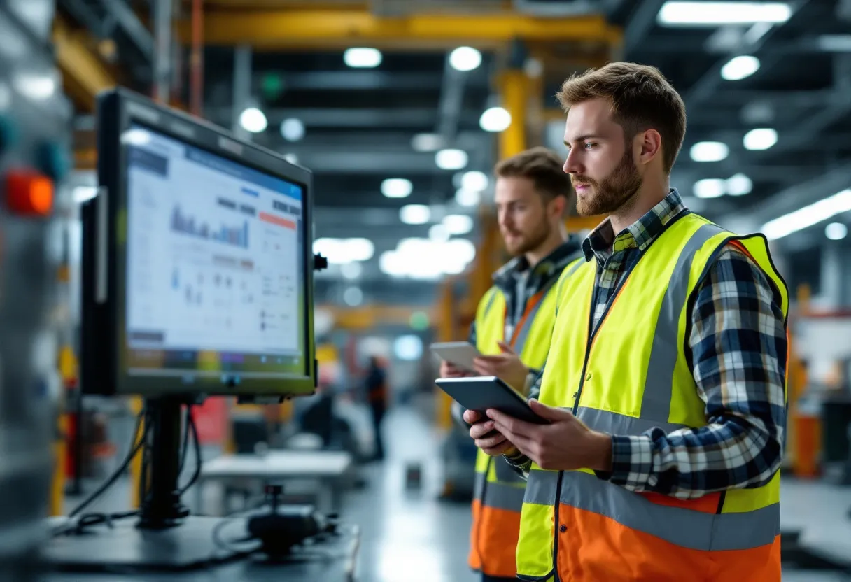 Een jonge technisch bediende met veiligheidsvest controleert een meetapparaat in een moderne Vlaamse werkplaats, terwijl zijn collega op een tablet vacatures bekijkt.