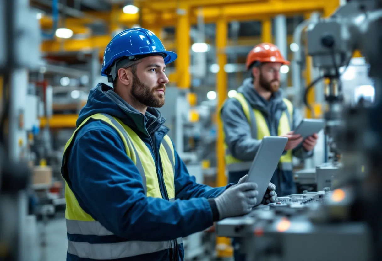 Een technisch bediende in een blauw veiligheidsvest en helm controleert een geautomatiseerde machine in een heldere productiehal in Oost-Vlaanderen, terwijl een collega op de achtergrond een laptop gebruikt.