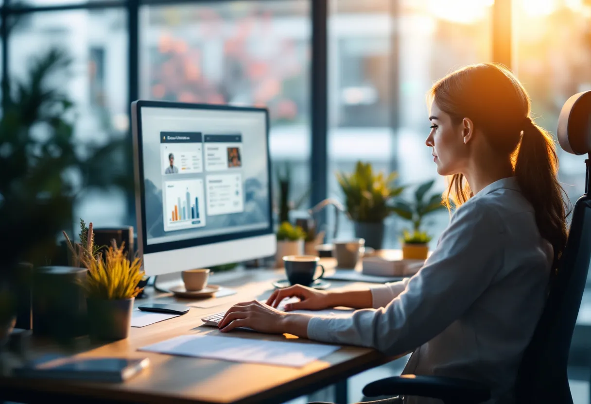 Een fotorealistische scène van een technisch bediende in een modern Vlaams kantoor, die geconcentreerd naar een computerscherm met vacatureoverzicht kijkt, met een kop koffie en een notitieblok op het bureau, terwijl daglicht door het raam valt.