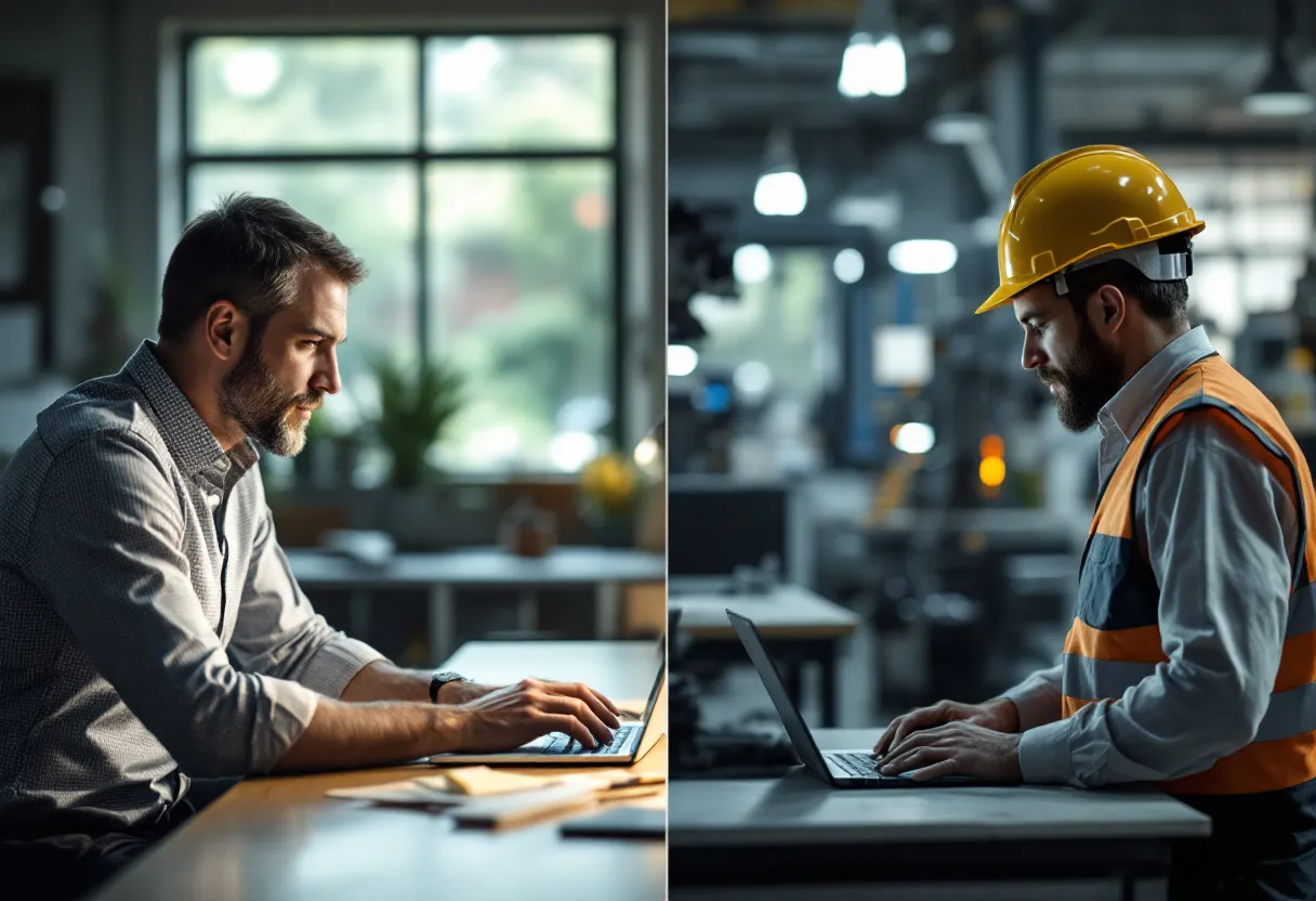 Een fotorealistische splitsing: links een man in hemd die geconcentreerd naar een laptopscherm kijkt in een strak kantoor, rechts een man in veiligheidshesje die een machine bedient in een fabriekshal, met natuurlijk licht dat beide scènes verbindt.