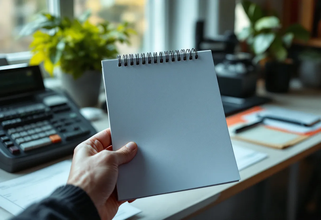 Een hand houdt een recente Belgische loonbrief vast naast een rekenmachine en een glazen water op een helder verlicht bureau, met een vaag zichtbare kantooromgeving en een groen plantje, terwijl natuurlijk daglicht door het raam valt.