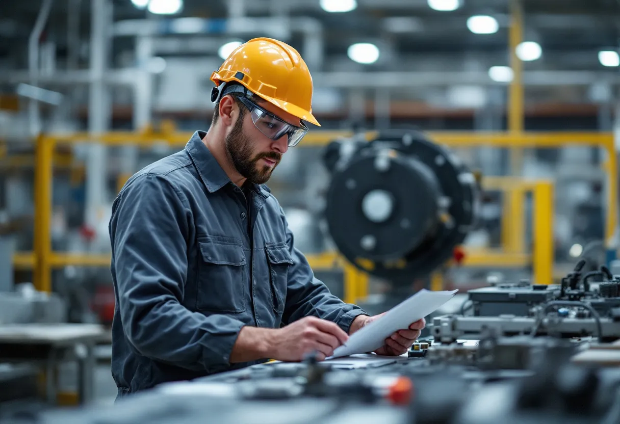 Een technisch bediende in overall en met veiligheidsbril controleert een technische tekening op een werkbank in een helder verlichte productiehal in Vlaanderen.