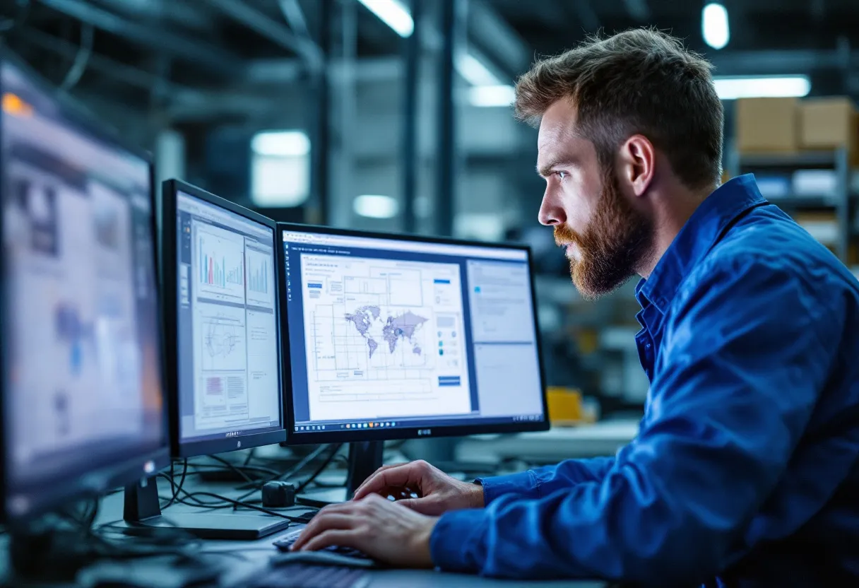 Een technisch bediende in een blauwe overall bekijkt een technische tekening op een computerscherm in een helder verlichte werkplaats, met in de hoek van het beeld een georganiseerde gereedschapskast.