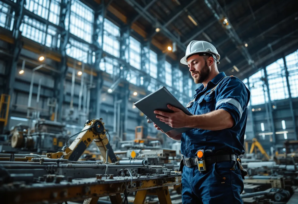 Een technisch bediende in blauwe werkbroek en polo controleert een technische tekening aan een stalen constructie in een grote hangar van de Gentse haven, met natuurlijk licht dat door de hoge ramen valt.