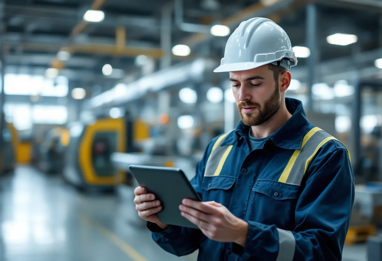 Een technisch bediende in werkoutfit leest een vakantiegeldoverzicht op een tablet in een industriële werkplaats met machines op de achtergrond.