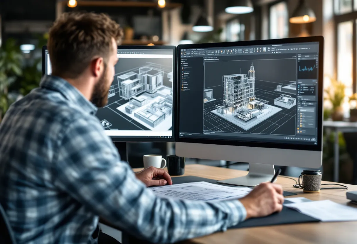 Een technisch tekenaar in een modern kantoor werkt geconcentreerd aan een gedetailleerd 3D-model op twee schermen, met een technisch plan en een koffiekop op het bureau.